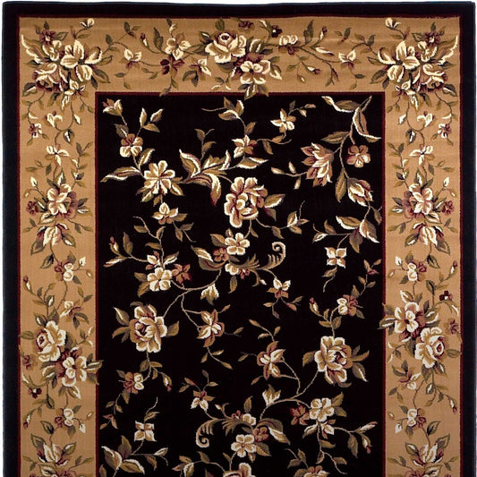 9' X 13' Tan Black And Beige Floral Vines Area Rug