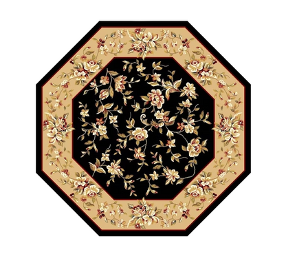 7' Tan Black And Beige Floral Vines Octagon Rug