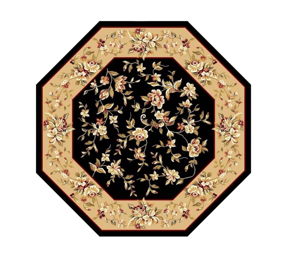7' Tan Black And Beige Floral Vines Octagon Rug