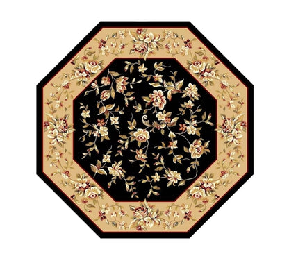 7' Tan Black And Beige Floral Vines Octagon Rug