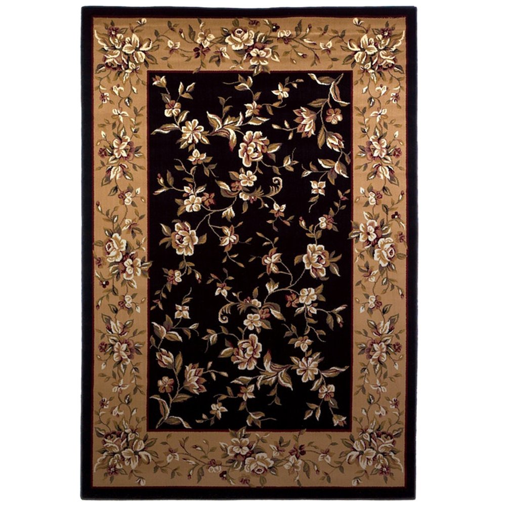 7' Tan Black And Beige Floral Vines Octagon Rug
