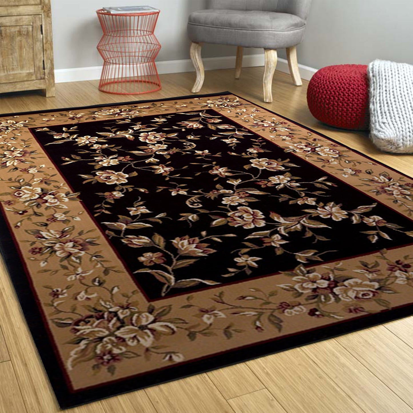 5' X 8' Black Beige Machine Woven Floral Vines Indoor Area Rug