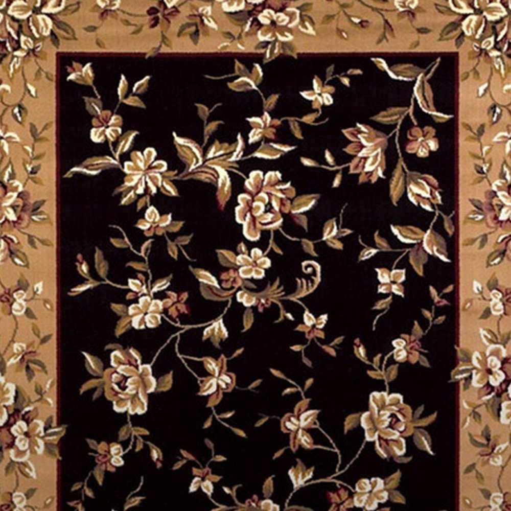 7' Tan Black And Beige Floral Vines Octagon Rug