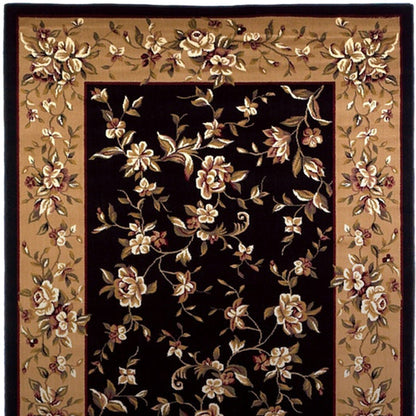 7' Tan Black And Beige Floral Vines Octagon Rug