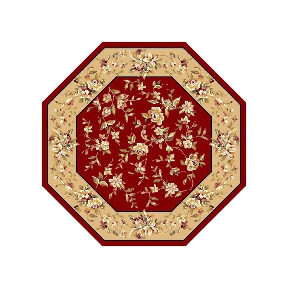 7' Red And Beige Floral Vines Octagon Rug