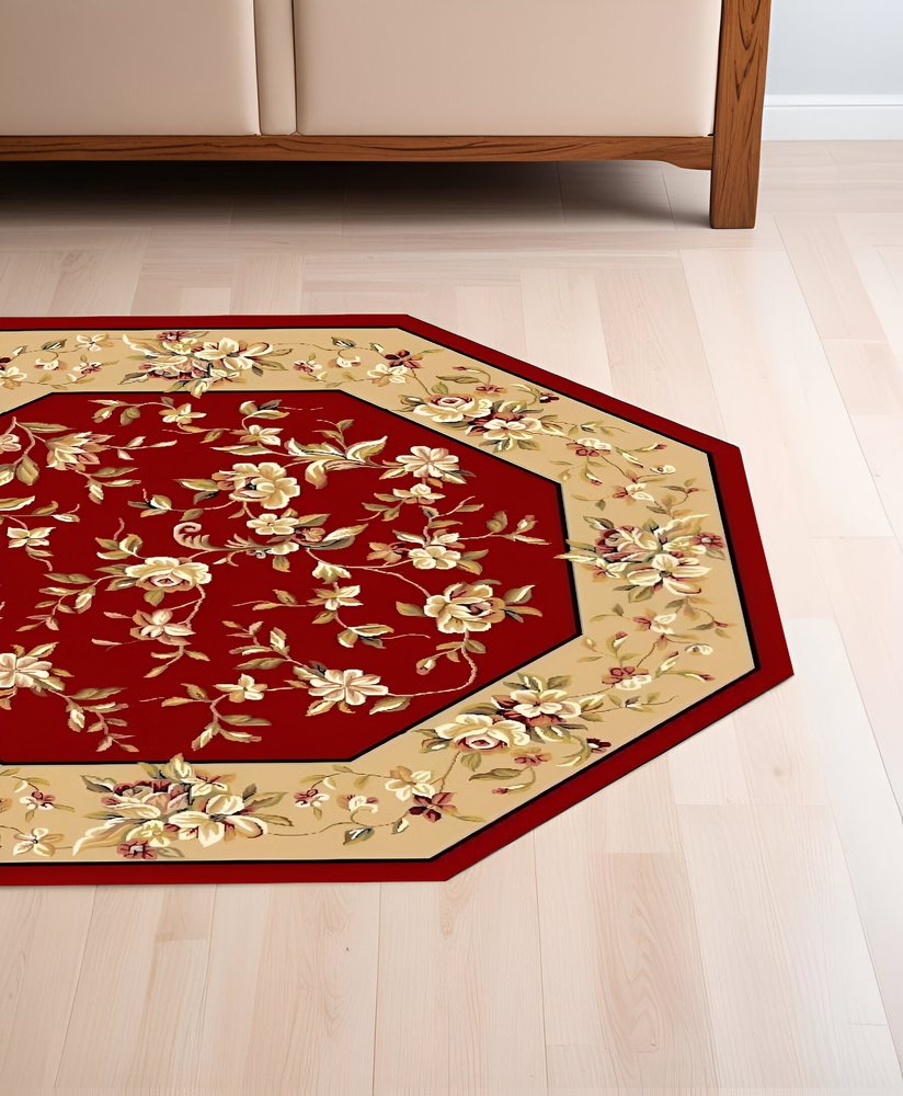 7' Red And Beige Floral Vines Octagon Rug