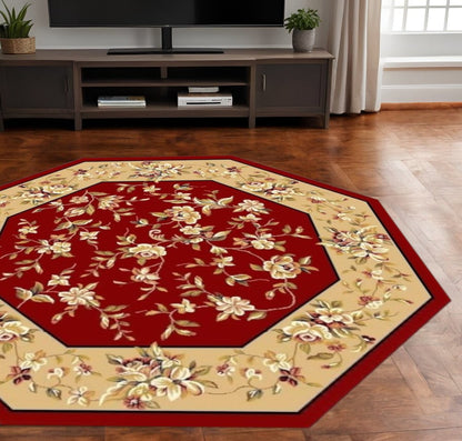 7' Red And Beige Floral Vines Octagon Rug