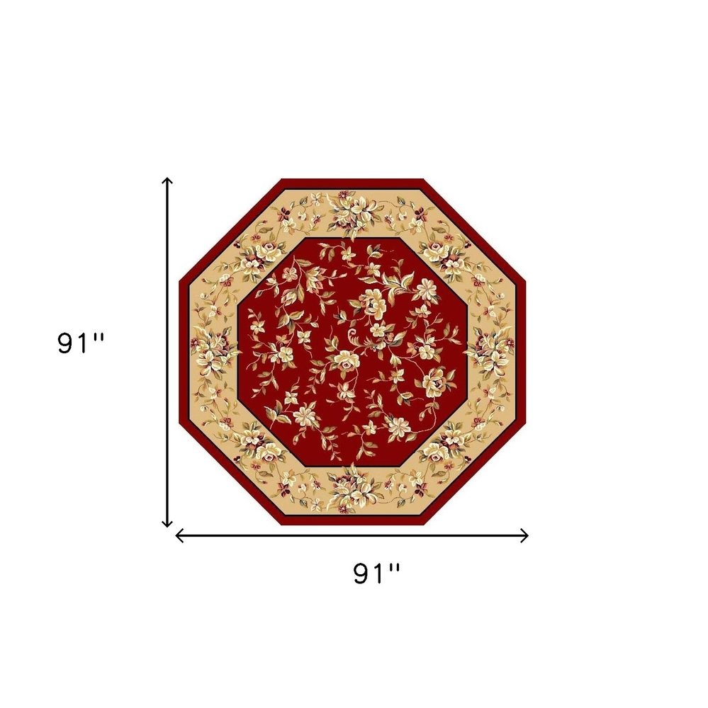 7' Red And Beige Floral Vines Octagon Rug