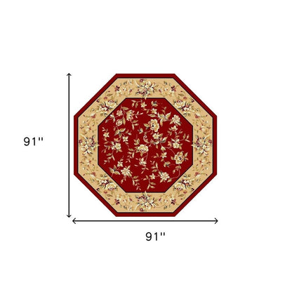 7' Red And Beige Floral Vines Octagon Rug