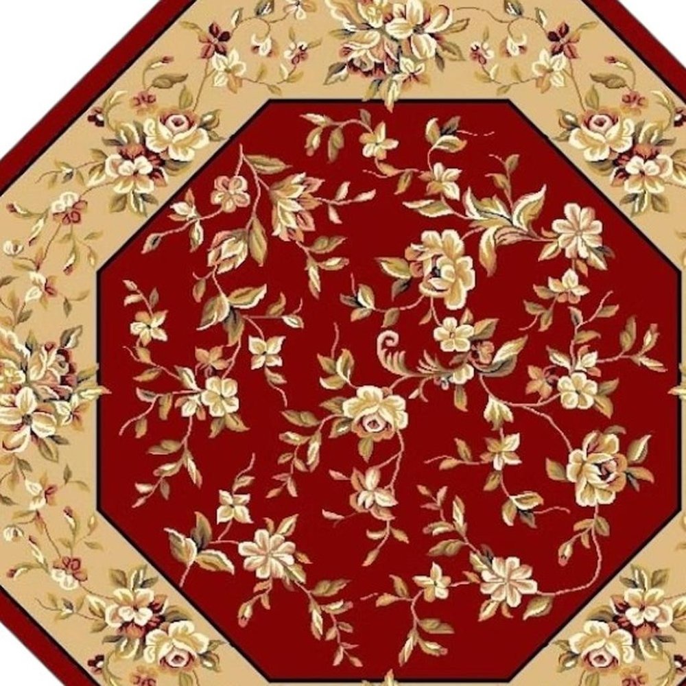 7' Red And Beige Floral Vines Octagon Rug
