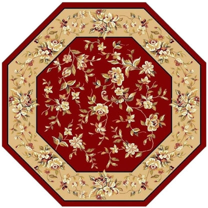 7' Red And Beige Floral Vines Octagon Rug