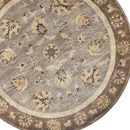 6' Gray Brown And Ivory New Zealand Lambs Wool Floral Medallion Hand Tufted Round Rug