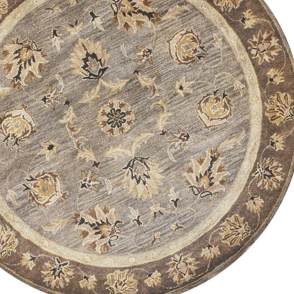 6' Gray Brown And Ivory New Zealand Lambs Wool Floral Medallion Hand Tufted Round Rug
