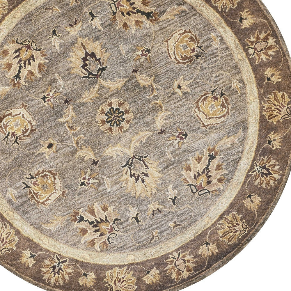 6' Gray Brown And Ivory New Zealand Lambs Wool Floral Medallion Hand Tufted Round Rug