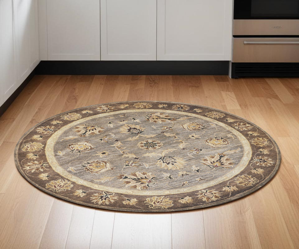 8' X 11' Grey Mocha Hand Tufted Traditional Floral Indoor Area Rug