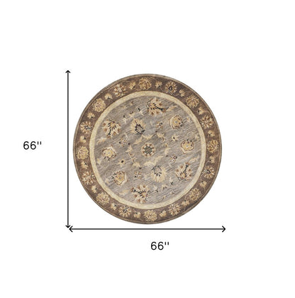 6' Gray Brown And Ivory New Zealand Lambs Wool Floral Medallion Hand Tufted Round Rug
