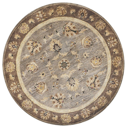6' Gray Brown And Ivory New Zealand Lambs Wool Floral Medallion Hand Tufted Round Rug