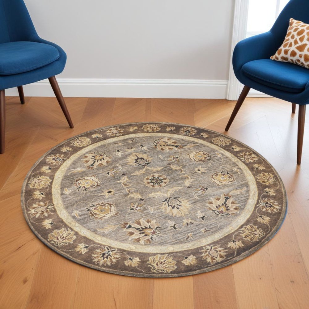 6' Gray Brown And Ivory New Zealand Lambs Wool Floral Medallion Hand Tufted Round Rug