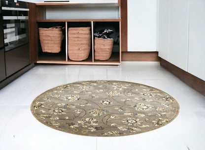 7' Gray Ivory And Brown New Zealand Lambs Wool Floral Hand Tufted Runner Rug