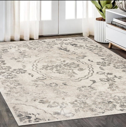 8' X 10' Gray And Tan Floral Distressed Area Rug