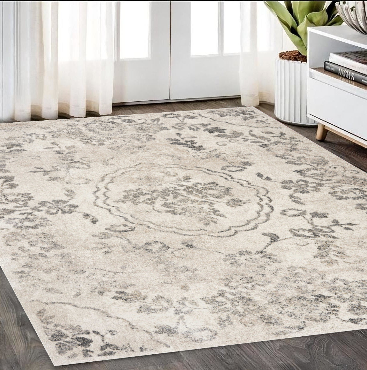 8' X 10' Gray And Tan Floral Distressed Area Rug