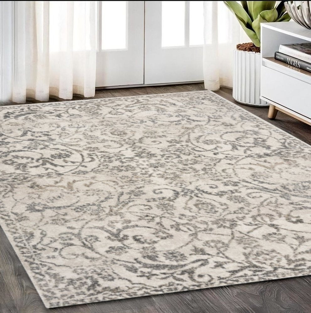 8' X 10' Ivory And Brown Floral Medallion Distressed Area Rug