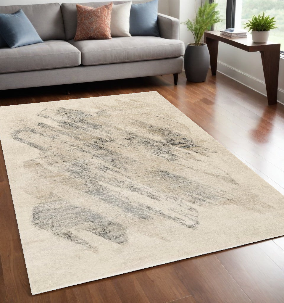 8' X 10' Ivory Grey Machine Woven Abstract Brushstrokes Indoor Area Rug