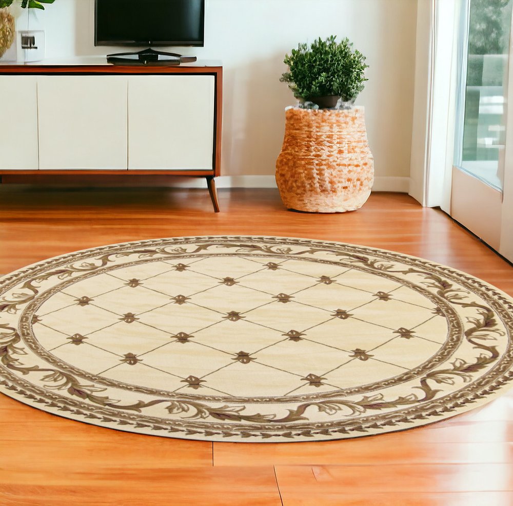 8' Ivory And Brown Floral Vines Round Rug