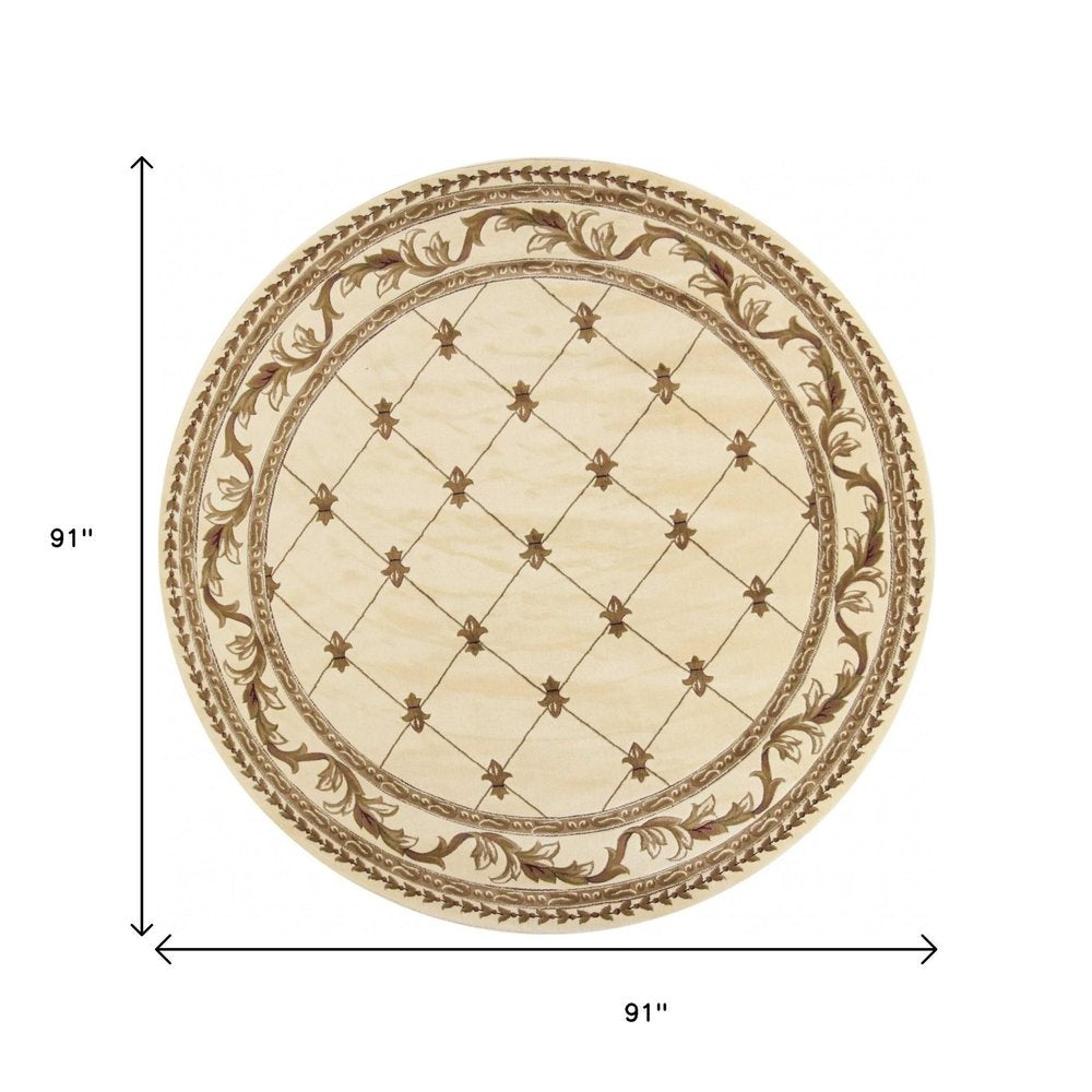 8' Ivory And Brown Floral Vines Round Rug