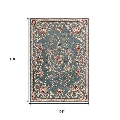 8' X 10' Slate Blue And Red Floral Medallion Area Rug