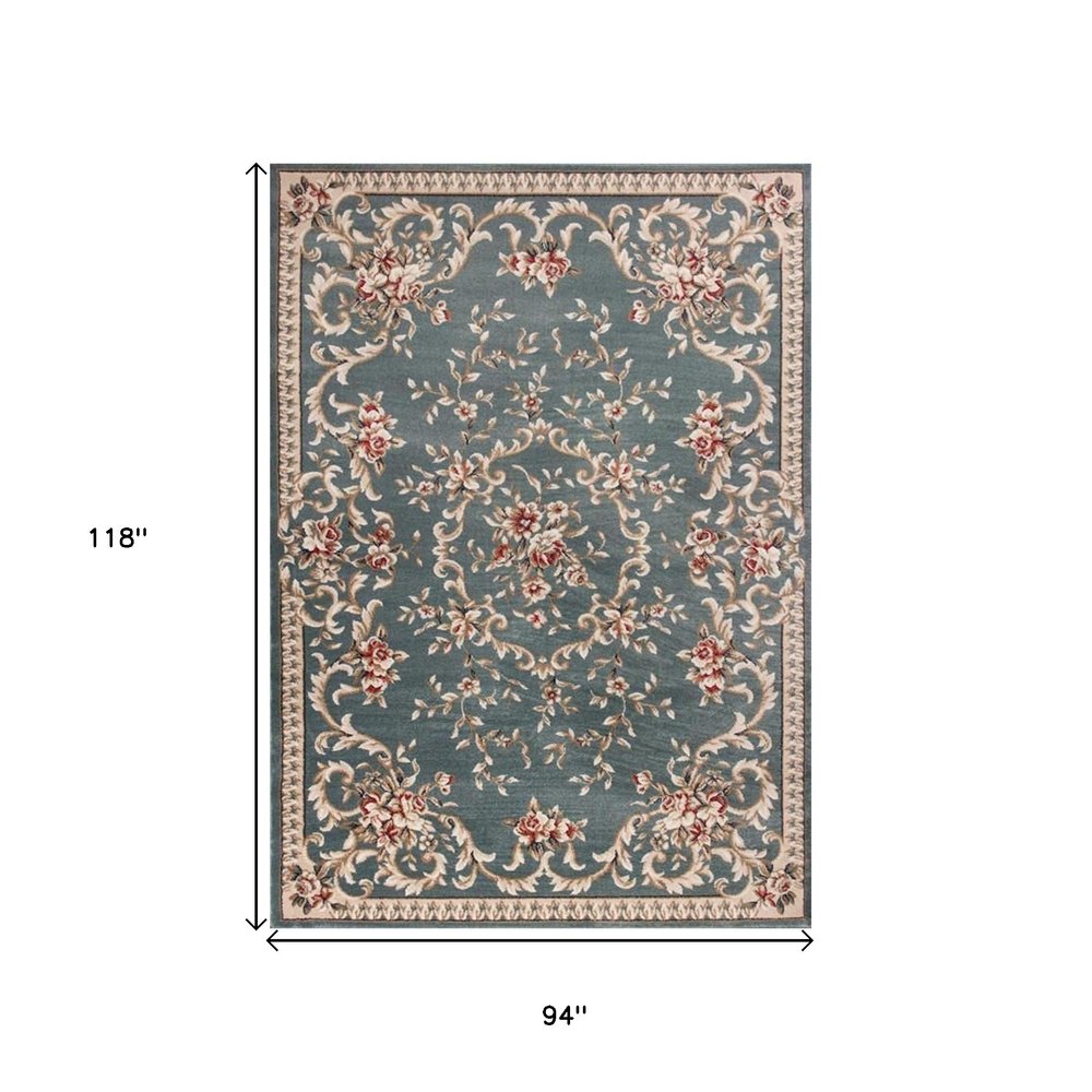 8' X 10' Slate Blue And Red Floral Medallion Area Rug