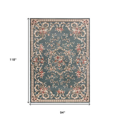 8' X 10' Slate Blue Floral Bordered Indoor Area Rug