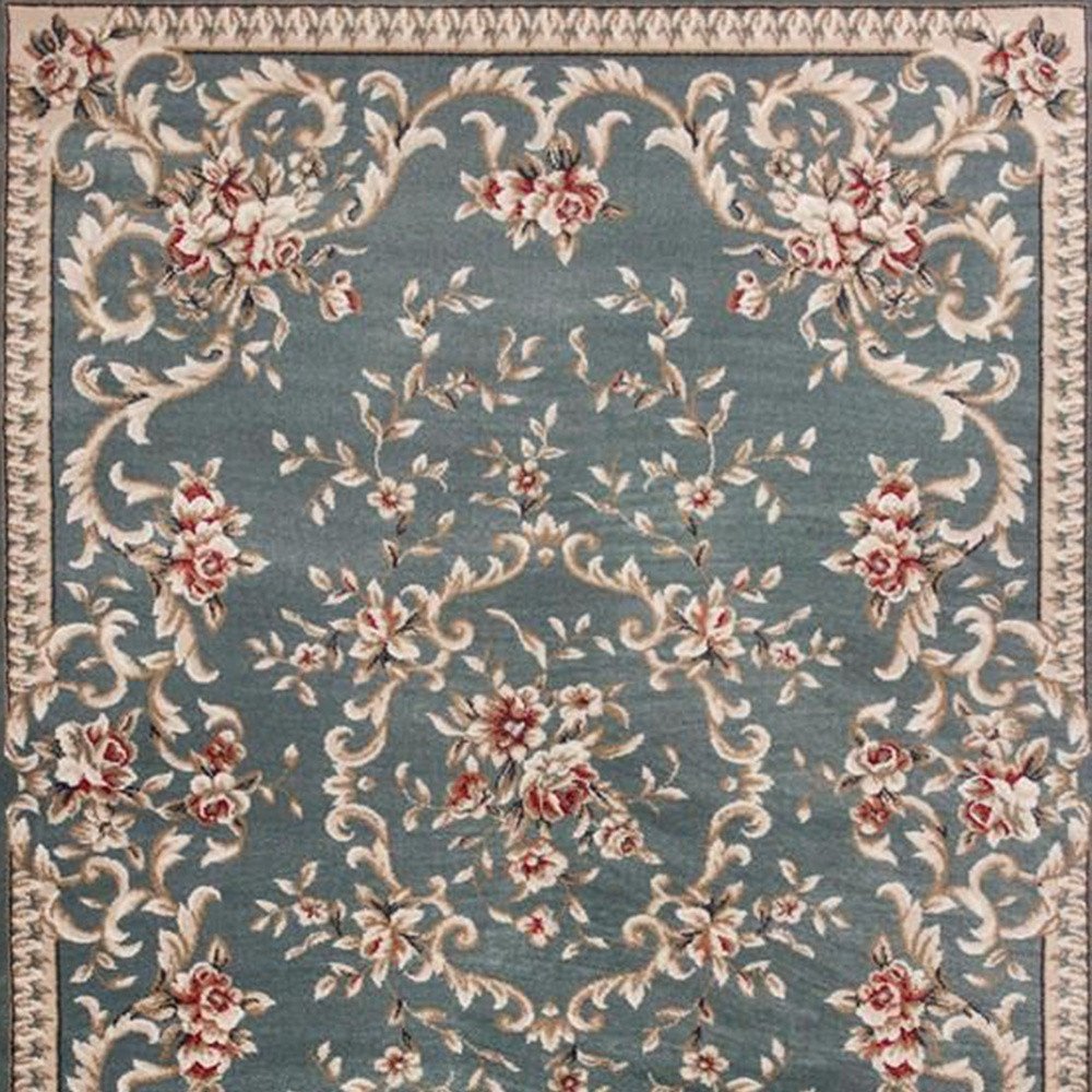 8' X 10' Slate Blue And Red Floral Medallion Area Rug