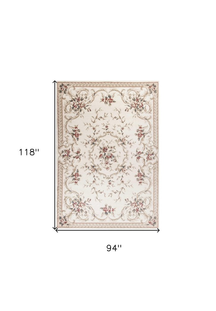 8' X 10' Ivory Red And Green Floral Medallion Area Rug