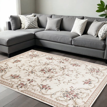 8' X 10' Ivory Red And Green Floral Medallion Area Rug