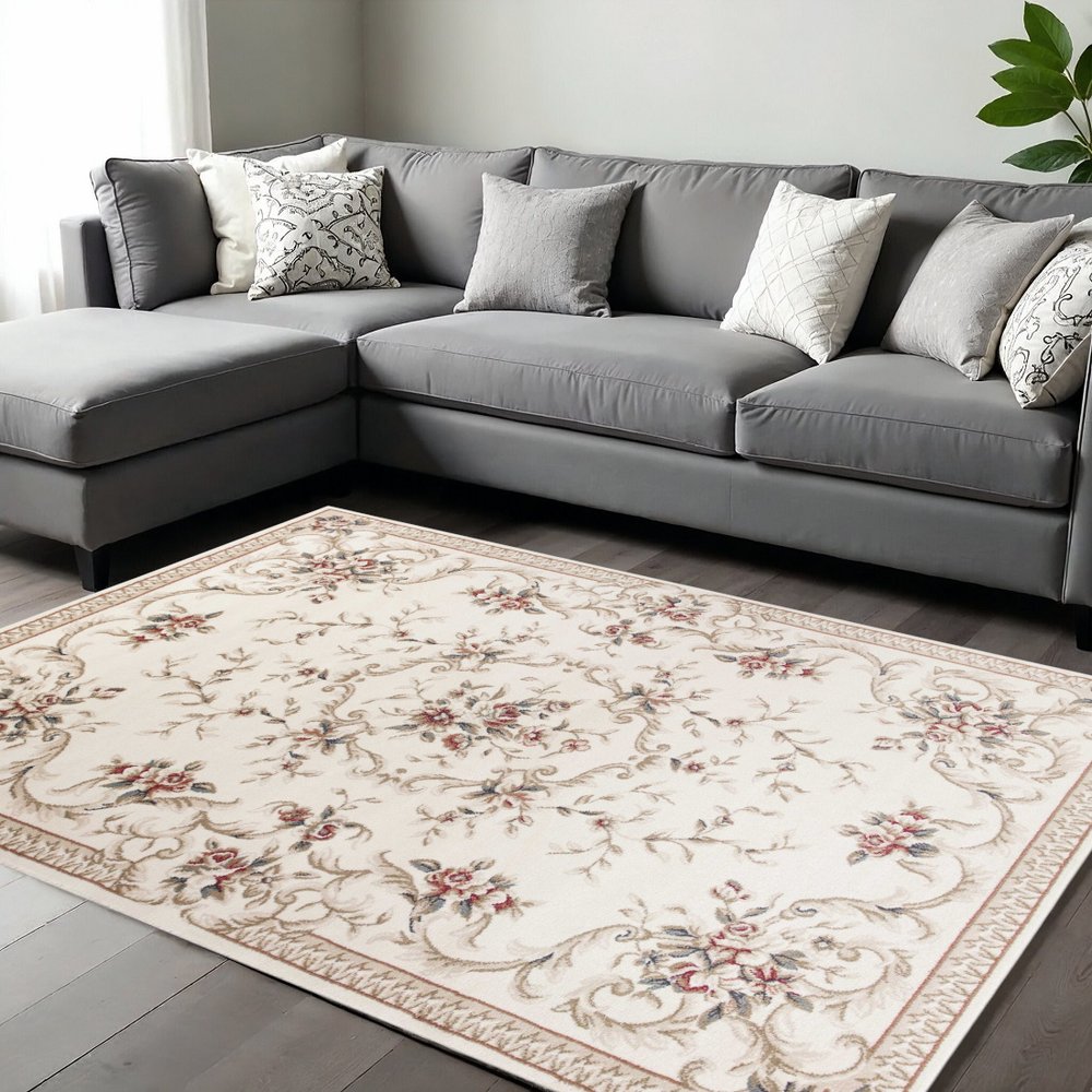 8' X 10' Ivory Red And Green Floral Medallion Area Rug