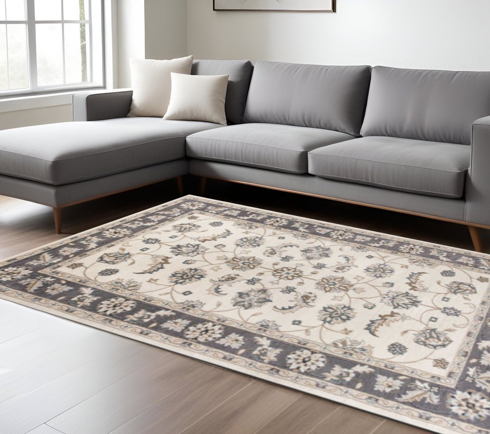 9' X 12' Gray And Ivory Floral Medallion Area Rug