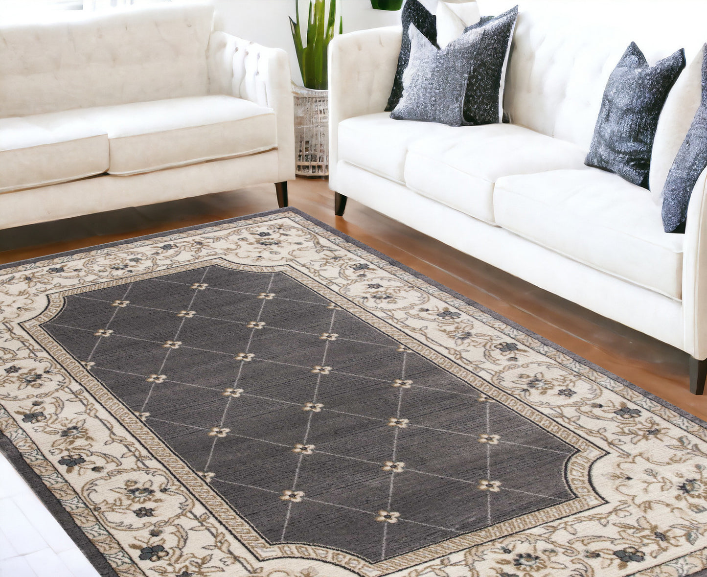 8' X 10' Grey Or Ivory Diamond Floral Bordered Indoor Area Rug