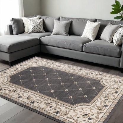 9' X 12' Gray And Ivory Floral Area Rug