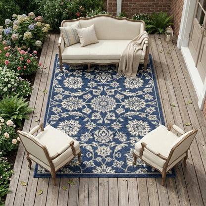 8' X 11' Denim Blue Floral Indoor Outdoor Area Rug
