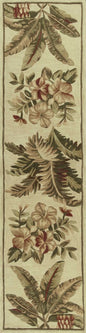 10' Ivory Green And Brown Wool Tropical Botanical Hand Tufted Runner Rug