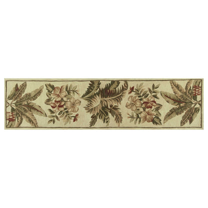 10' Ivory Green And Brown Wool Tropical Botanical Hand Tufted Runner Rug
