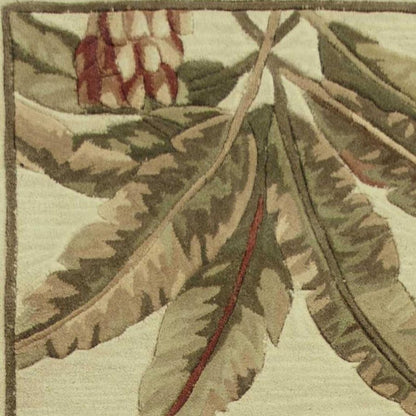 10' Ivory Green And Brown Wool Tropical Botanical Hand Tufted Runner Rug