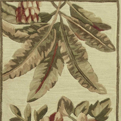 10' Ivory Green And Brown Wool Tropical Botanical Hand Tufted Runner Rug