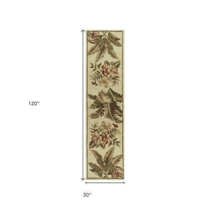 10' Ivory Green And Brown Wool Tropical Botanical Hand Tufted Runner Rug