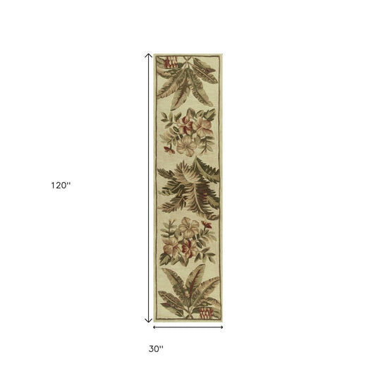 10' Ivory Green And Brown Wool Tropical Botanical Hand Tufted Runner Rug