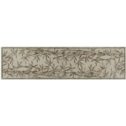 10' Ivory Green And Brown Wool Botanical Leaves Hand Tufted Runner Rug