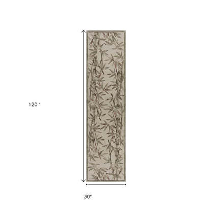 10' Ivory Green And Brown Wool Botanical Leaves Hand Tufted Runner Rug