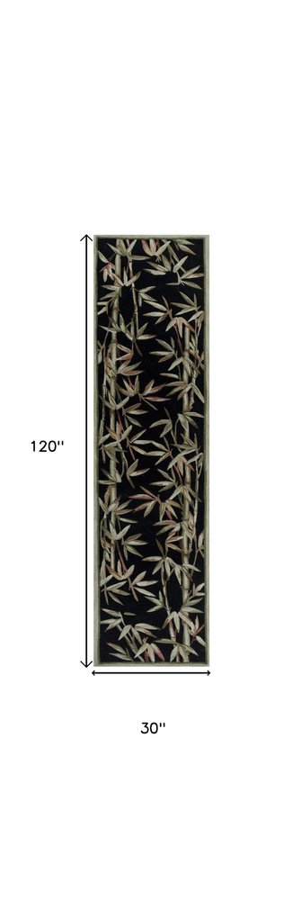 8' X 11' Black Green And Brown Wool Tropical Botanical Hand Tufted Area Rug