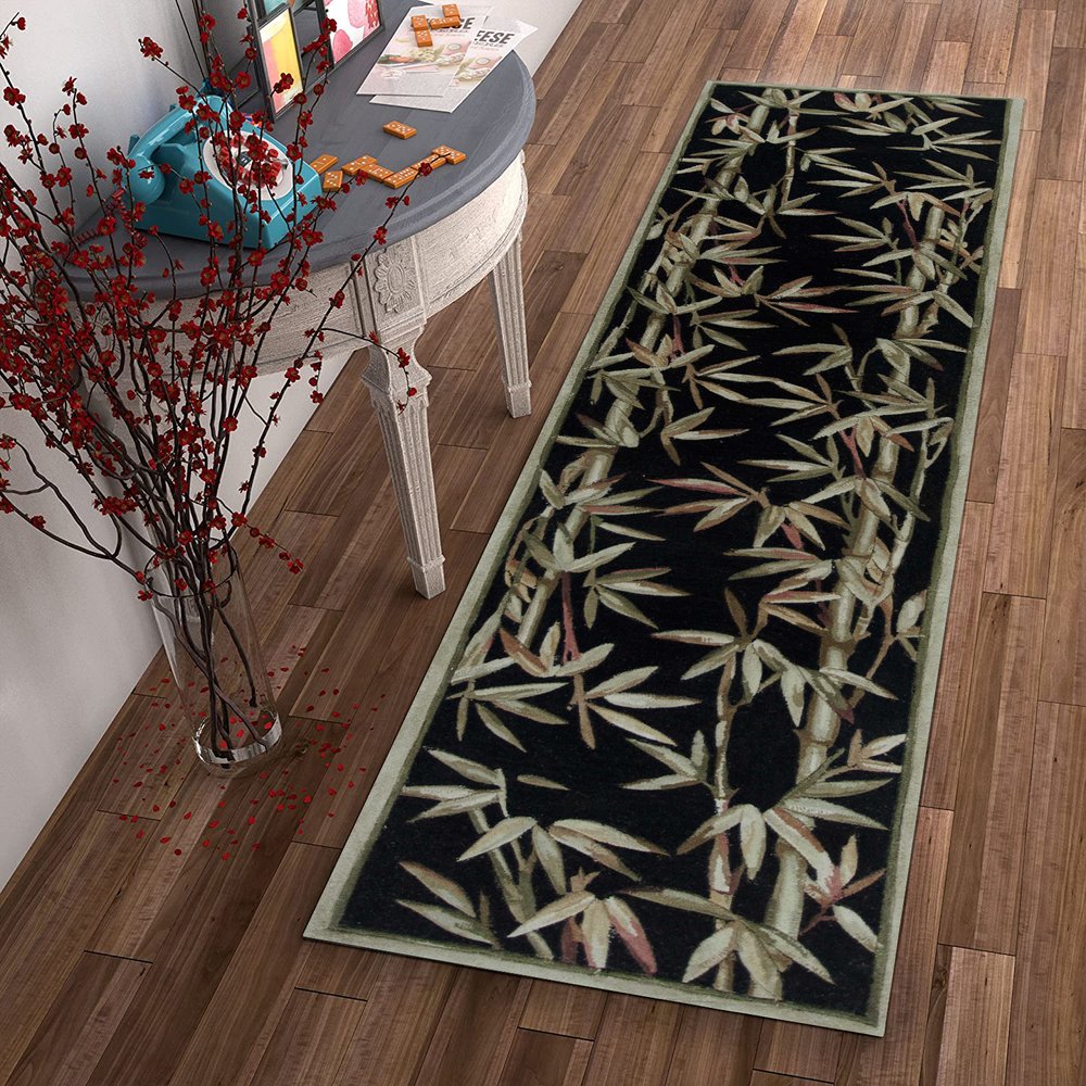 8' X 11' Black Green And Brown Wool Tropical Botanical Hand Tufted Area Rug